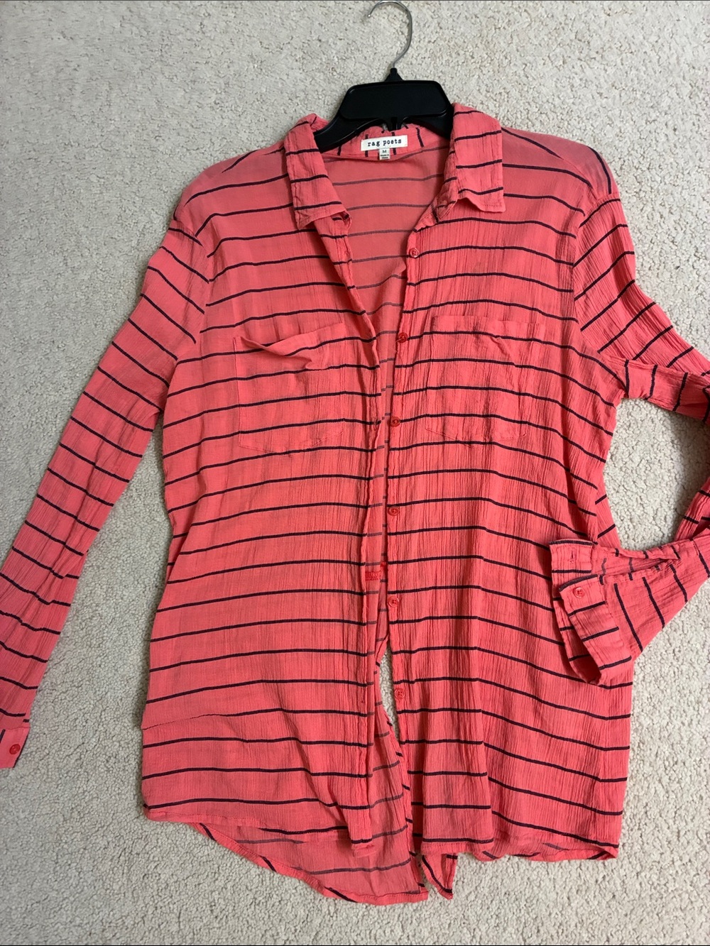Rag poets Women Striped Coral Button-Down Shirt, 100% cotton